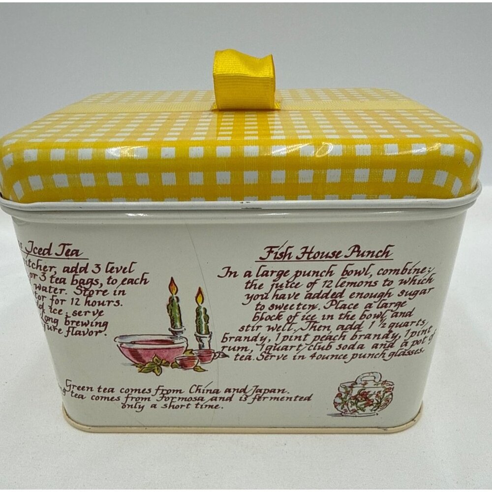 VTG 70s Tea Tin Canister Yellow Gingham Lids, Retro Farmhouse Kitchen Retro